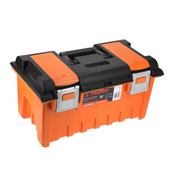 Caja de herramientas en color naranja con compartimientos y broches metálicos de la marca truper de 19 pulgadas.
