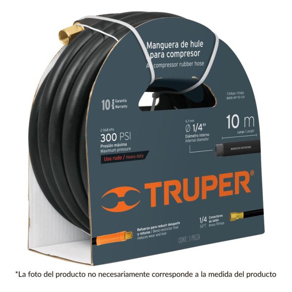 Manguera de hule de 10m marca Truper para compresor 1/2 pulgadas.