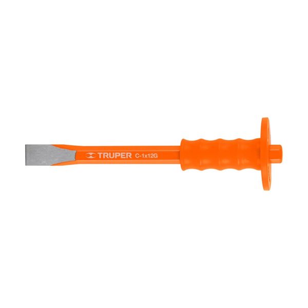 Cincel de corte frío con grip marca truper color naranja medidas 1 x 12 pulgadas