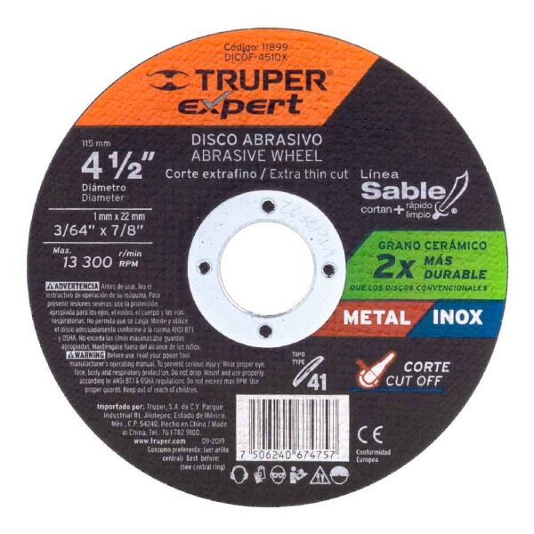Disco para corte extrafino de metal 4 1 2 pulgadas x 1 milimetro