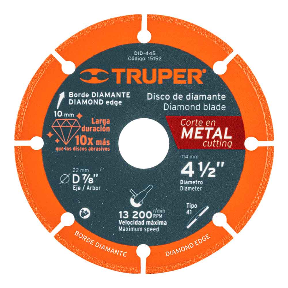 cuidadosamente legislación promedio Disco de diamante para corte de metal TRUPER 4 1/2" X 1.4 mm Mod. DID-445 -  Vaqueiros Ferreteros