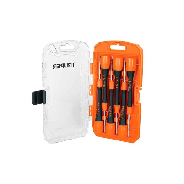 Kit caja color naranja con 6 desarmadores de joyero marca truper