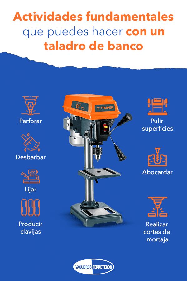 Infografía con ocho actividades que puedes realizar con un taladro de banco.