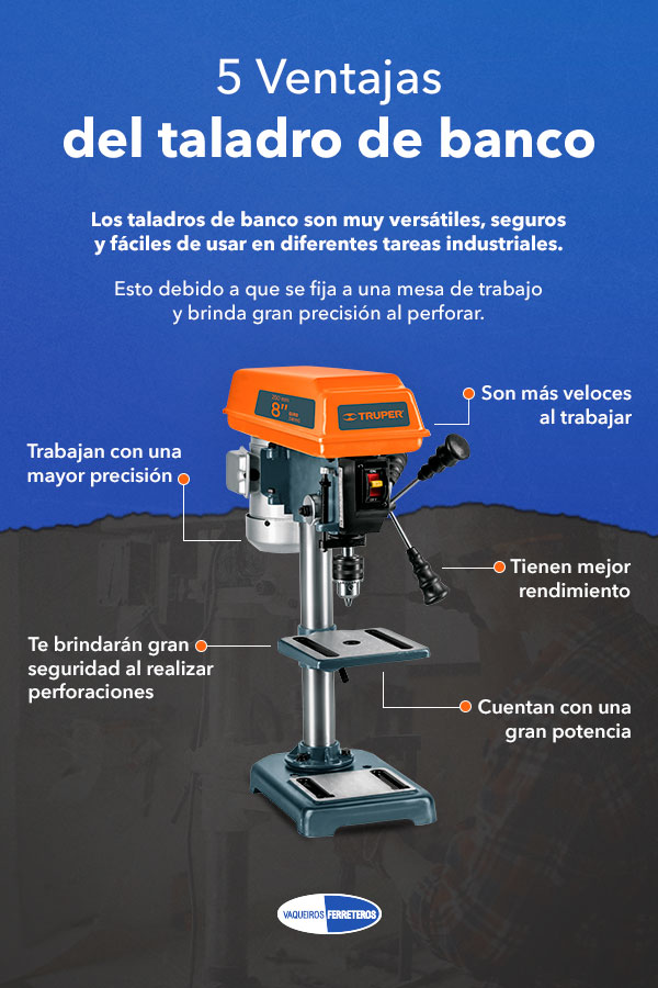 Infografía con 5 ventajas del taladro de banco