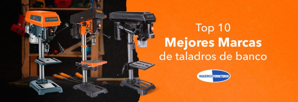 Portada de artículo top 10 mejores marcas de taladros de banco con 3 diferentes marcas de taladro y fondo naranja