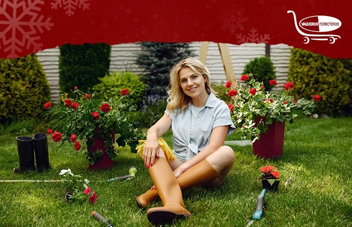 Mujer trabajando con artículos de jardinería