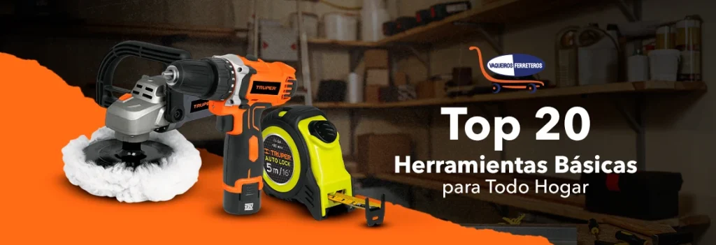 Tres herramientas básicas en exhibición: taladro, pulidora y flexómetro