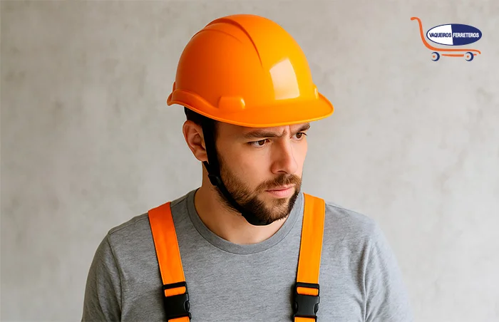 Hombre con playera gris, tirantes naranjas y un casco naranja de protección pasiva