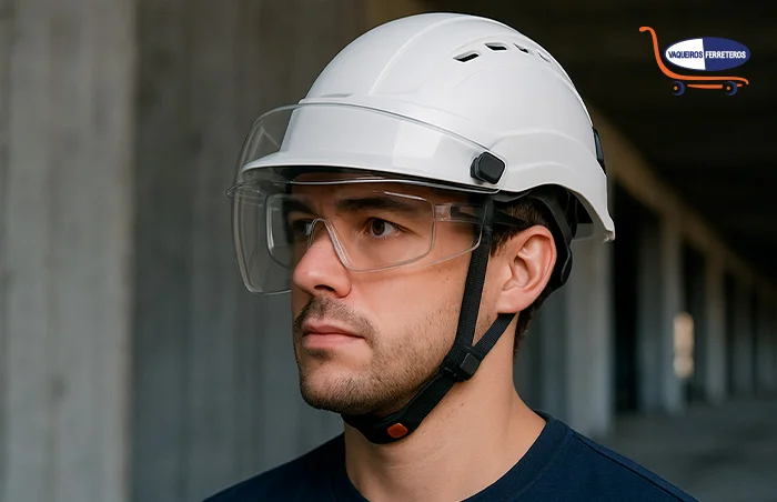 Trabajador usando uno de los tipos de cascos industriales con ventilación