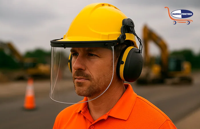 Vista lateral de un trabajador usando un casco de seguridad con visera y protector facial