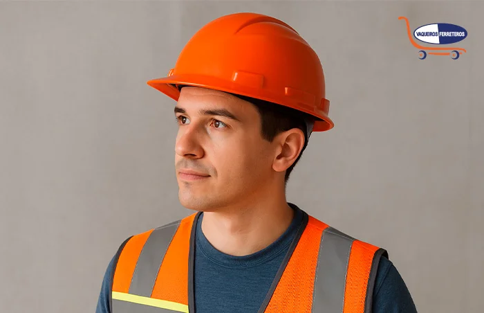Hombre con chaleco naranja y un casco de seguridad industrial de clase a color naranja