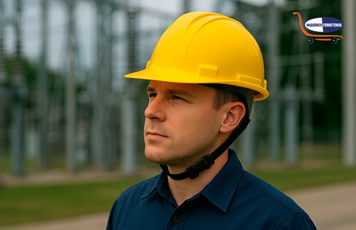 Hombre viendo al horizonte con camisa azul y un casco de seguridad de clase e color amarillo