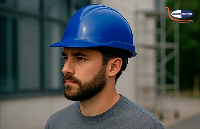 Vista lateral de un hombre con un casco de seguridad clase g color azul
