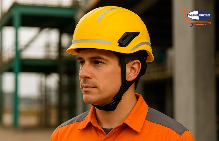 Perfil lateral de un hombre con un casco de seguridad industrial amarillo clase b
