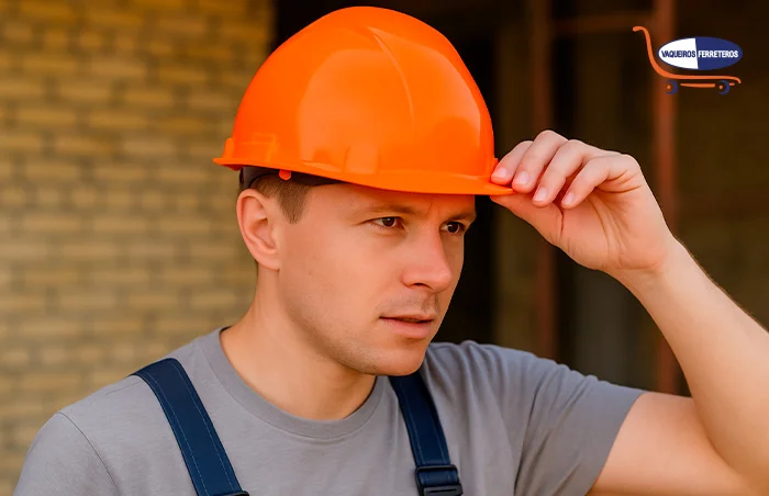 Vista lateral de un hombre que sujeta un casco de seguridad industrial de clase c de color naranja