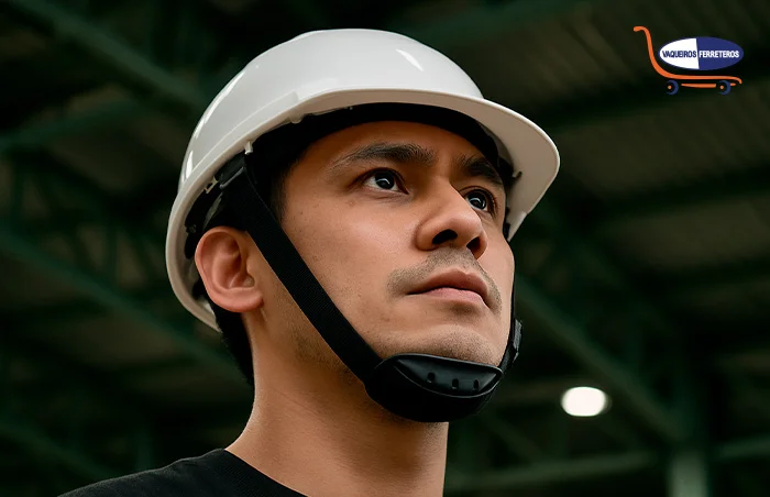 Vista inferior de un hombre usando un casco de seguridad con barboquejo de color blanco