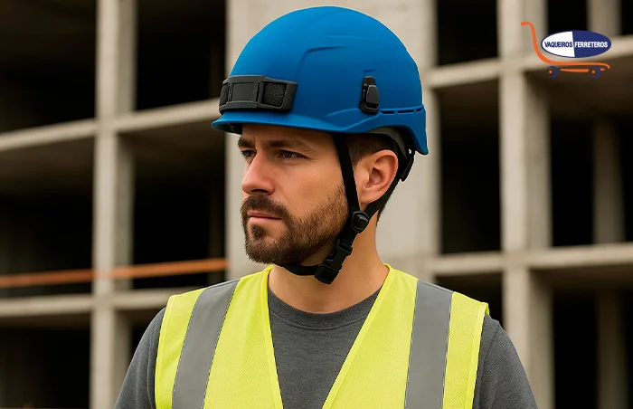 Trabajador usando chaleco y casco de seguridad tipo 2