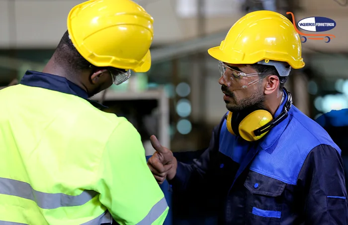 Hombre con chaleco azul, casco, orejeras y gafas supervisa que otro trabajador porte bien su epp.