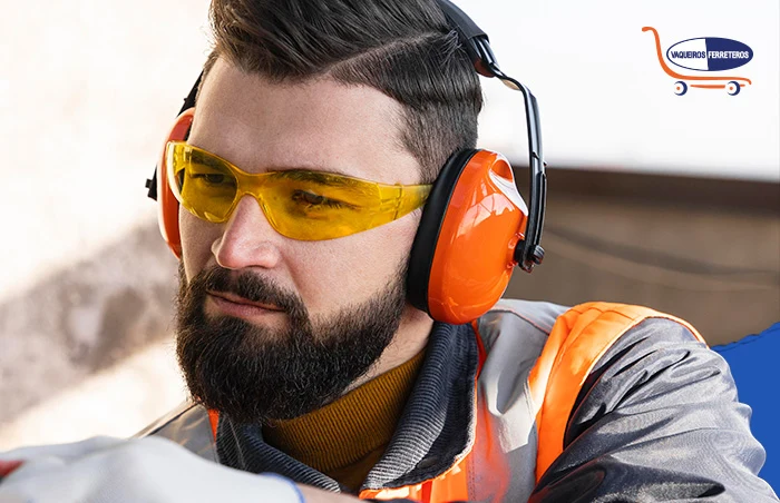 Trabajador utilizando un equipo de seguridad auditiva con atenuación pasiva. También usa gafas de protección y ropa reflejante.