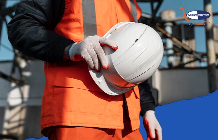 Trabajador sujetando con una mano su casco, uno de los tipos de EPP indispensables para trabajar.