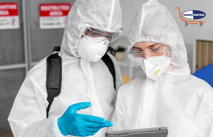 Dos personas con protección sanitaria de cuerpo completo, gafas, mascarilla y guantes revisando un dispositivo electrónico.