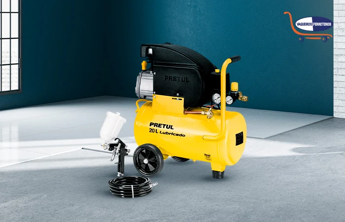 Compresor de aire de uso doméstico portátil color amarillo con aditamentos especiales para pintar.