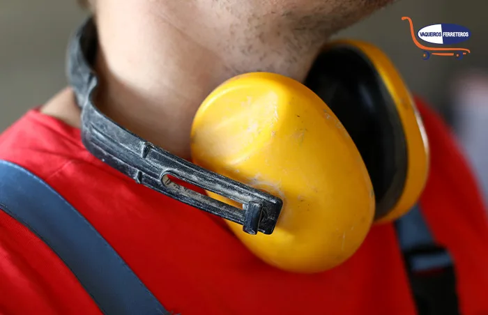 Toma lateral del cuello de un trabajador que porta un equipo de protección personal que disminuye el ruido que entra a los oídos.