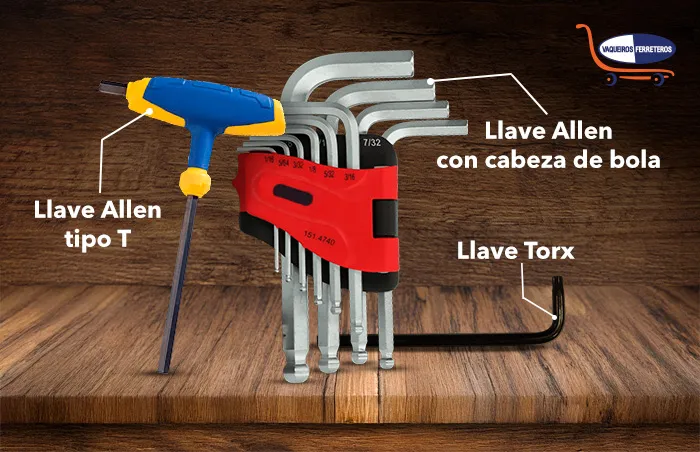 Tres tipos de llaves Allen: Con cabeza de bola y tipo T. Además se encuentra una llave Torx.