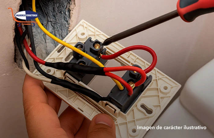 Electricista apretando los tornillos de un interruptor con desarmador.